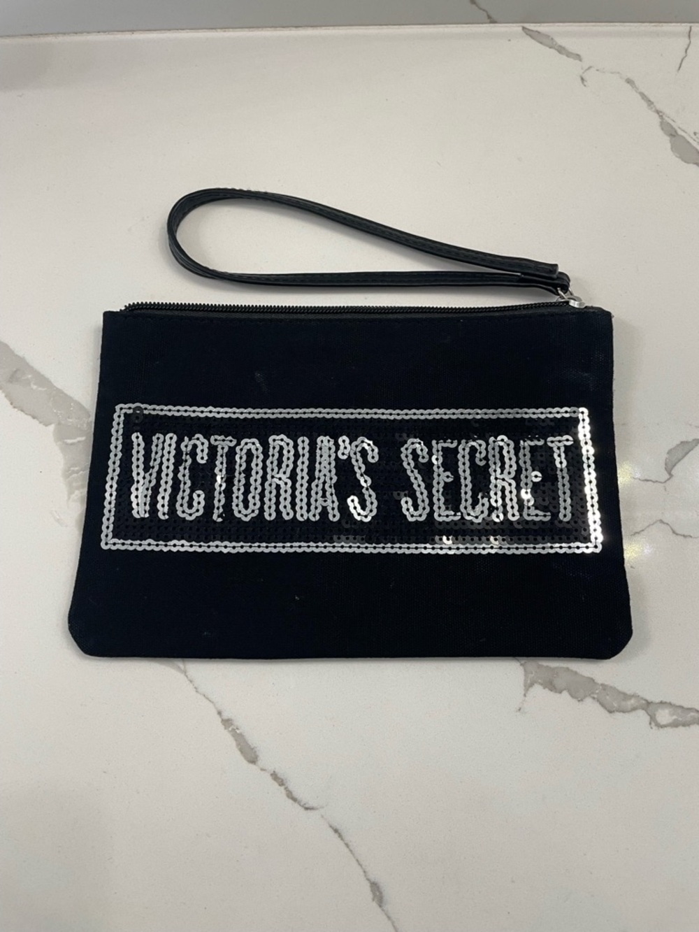 Victoria's Secret Black Wristlet Clutch with Silver Sequin Logo